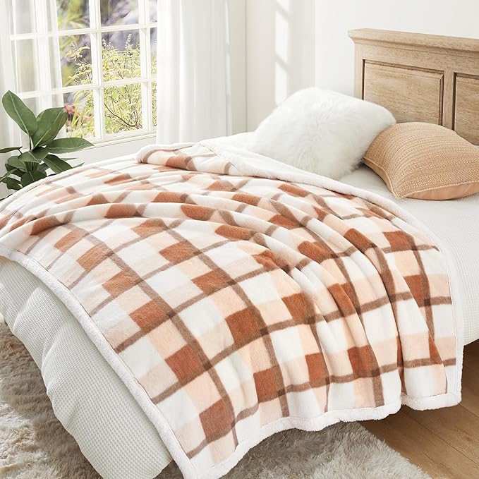 PU MEI Super Soft Faux Rabbit Fur Sherpa Fleece Throw Blanket, Reversible Luxury Cozy Cute Furry Blanket, Plush Warm Shaggy Fluffy Checkered Blankets for Sofa Couch Bed (Beige-Plaid, 80" x 90")-StrideForce Fitness