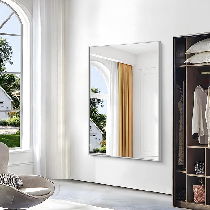 Silver Bathroom Mirror,55x36 inch Wall Mirror for Bathroom Wall Mounted,Large Rectangle Mirror for Bathroom Over Sink,Modern Metal Frame for Living Room,Bedroom Entryway,Horizontal/Vertical-StrideForce Fitness