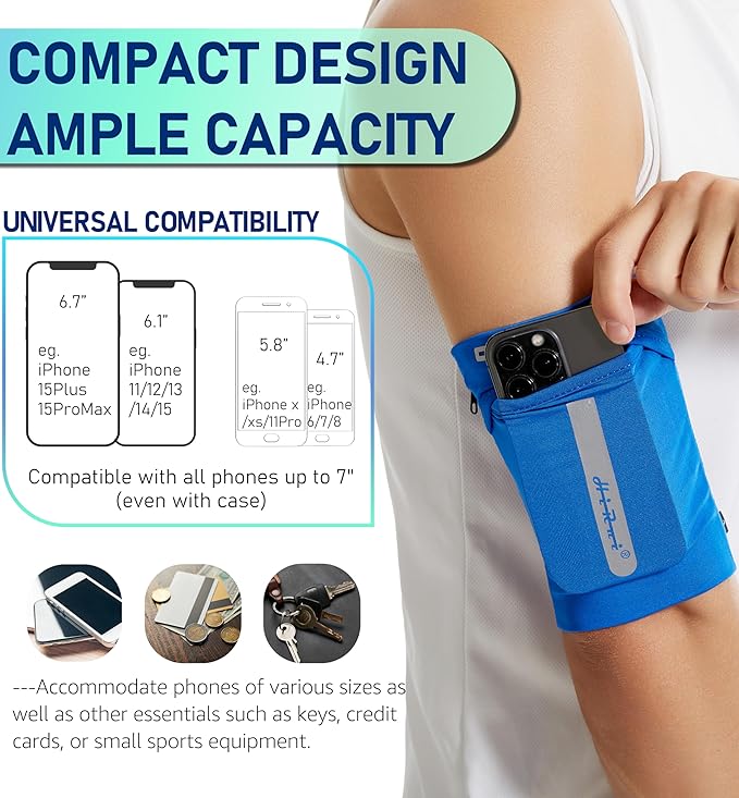 HiRui Running Armband Sleeve Universal Sports Armband Cell Phone Holder Armband for Exercise Workout, Compatible with iPhone 16/15/14/13/Plus/Pro Samsung Galaxy All Phones (L, Blue)-StrideForce Fitness