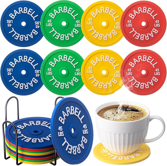 8 Pcs Barbell Bumper Plate Cool Coasters Round Silicone Coasters Weight Plate Coaster with Rack Holder for Gym Lovers Gym Accessories(Colorful)-StrideForce Fitness