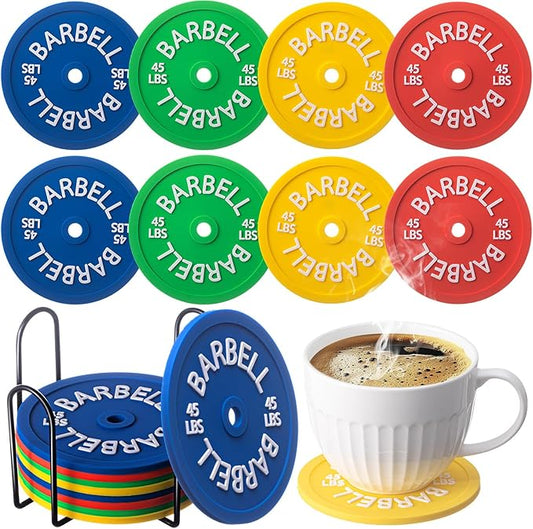 8 Pcs Barbell Bumper Plate Cool Coasters Round Silicone Coasters Weight Plate Coaster with Rack Holder for Gym Lovers Gym Accessories(Colorful)-StrideForce Fitness