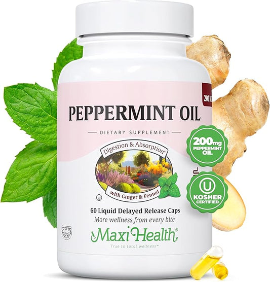 Maxi Health Peppermint Oil Capsules – Organic Ginger Oil & Fennel Delayed Release Capsule – Ingestible Dietary Kosher Peppermint Supplement for Digestive Support (60 Capsules)-StrideForce Fitness