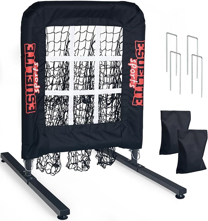 Heavy-Duty 9 Hole Pitching Net with Strike Zone, Baseball/Softball Pitching Target, Portable Height-Adjustable Pitcher Training Equipment, Includes 4 Ground Stakes and 2 Sandbags-StrideForce Fitness