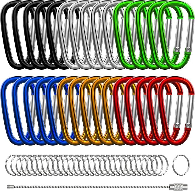 30PCS Aluminum Carabiner Clips, 2" D Shape Spring Snap Hooks Carabiner with 30PCS Keyring Keychain Hook-StrideForce Fitness
