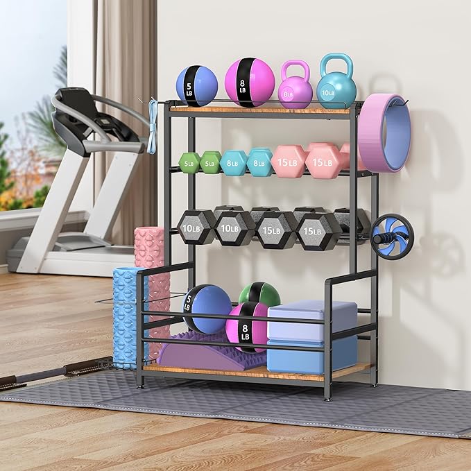 Gym Home Equipment Weight Rack – 3‑Tier Workout Storage Stand for Dumbbells & Kettlebells, Medicine Ball Holder, 460 lb Steel Organizer with Yoga Mat Basket, Hooks, Adjustable Feet, 24 x 16 in-StrideForce Fitness
