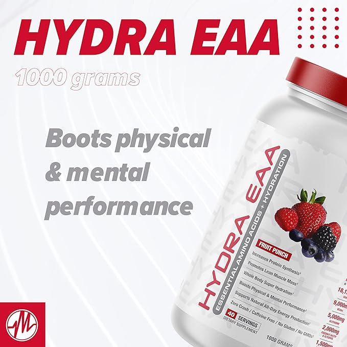 Metabolic Nutrition Hydra EAA, 1000g of Essential Amino Acids + Hydration, EAAs, BCAAs, Glutamine, Electorlytes, Coconut Water & Glycerol, Amazing Flavors (Fruit Punch, 1000g)-StrideForce Fitness