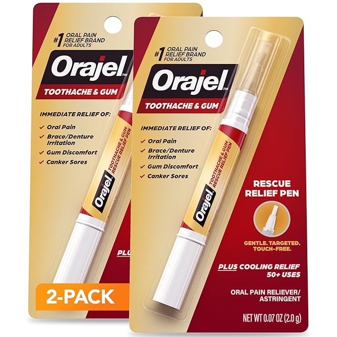 Orajel Rescue Relief Pen with Menthol Cooling Gel for Instant Pain Relief of Tooth & Gum, Mouth Sores, Braces and Denture Irritation, Touch-Free Silicone Applicator, 0.07 oz (2-Pack)