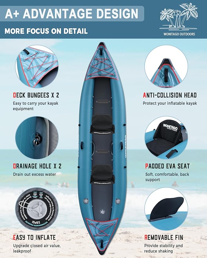 PVC Inflatable Kayak with Drop Stitch Floor, Recreational Touring Kayak with Kayak Paddle, Hand Pump and Carrying Bag, 1-2 Person-StrideForce Fitness