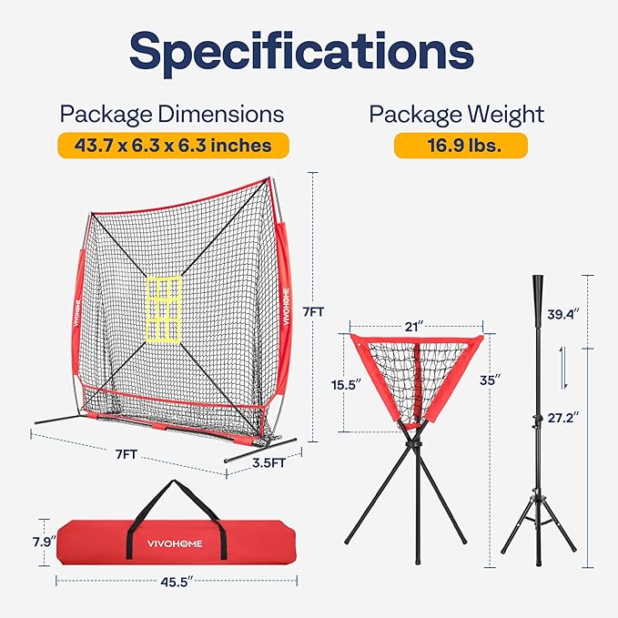 VIVOHOME Baseball Softball Hitting Net with Large Ball Collection System, 7 x 7 ft Baseball Batting Pitching Net with Tee, 2 Strike Zone, Carry Bag-StrideForce Fitness