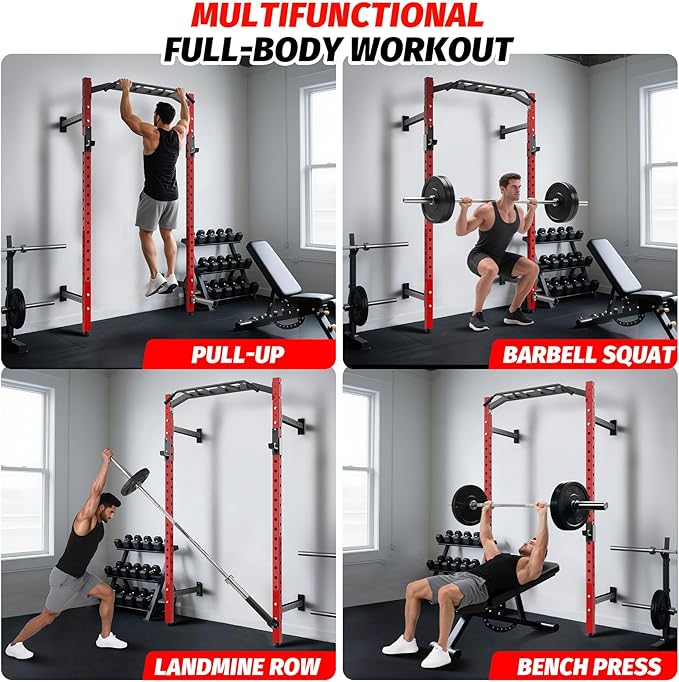 1600LB Wall Mounted Power Rack, Commercial Squat Rack for Home Gym with Multi-Grip Pull Up Bar, j-Cups & Landmine Attachment for Home and Garage Gym-StrideForce Fitness