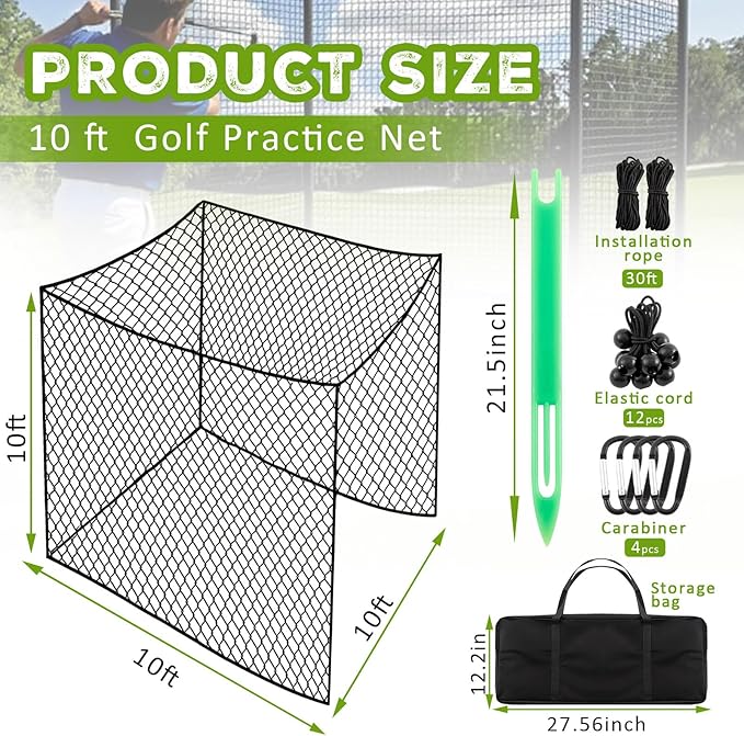 Soulchen 10 Feet Golf Batting Cage Netting Golf Practice Hitting Nets with 12 Spring Snaps 1 Storage Bag 4 Clips 1 Quick Installation Tool 1 Rope for Indoor, Outdoor & Backyard Practicing-StrideForce Fitness