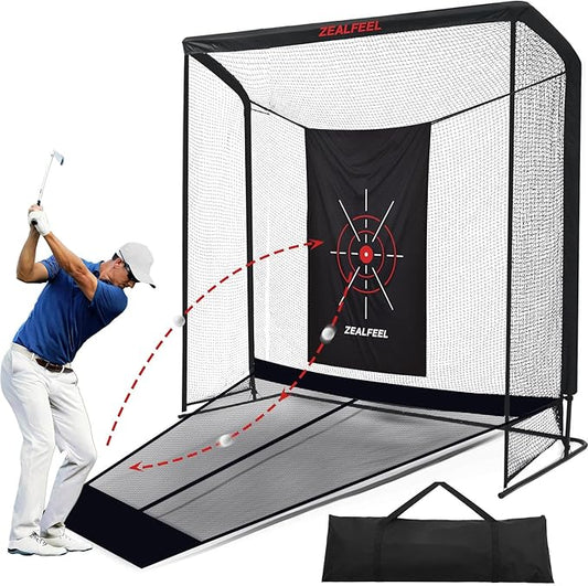 Golf Net, 10x7ft/8x8ft Golf Enclosure Net with Side Barriers/Auto-Ball Return, Low-Noise Target, Carry Bag, 4 Stakes, Hitting Practice Net for Backyard Driving Chipping Indoor Outdoor Use-StrideForce Fitness
