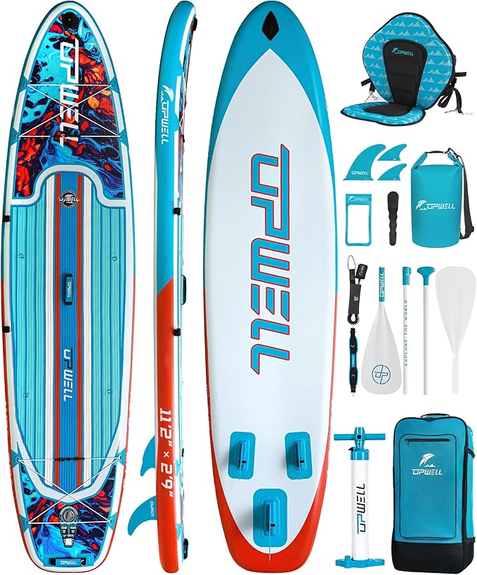 UPWELL 11’6”/11'2”/11'/10'8”/10'6”/10'2” Inflatable Stand Up Paddle Board with sup Accessories Including Backpack, Repairing Kits, Non-Slip Deck, Leash, 3 Fins, Paddle and Hand Pump-StrideForce Fitness