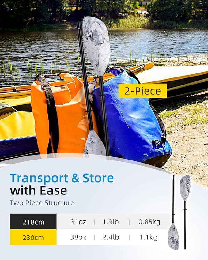 OCEANBROAD Kayak Paddle 86in/218cm, 90.5in/230cm Alloy Shaft 2-Piece Floatable Kayak Oar for Kayaking Canoeing Boating-StrideForce Fitness