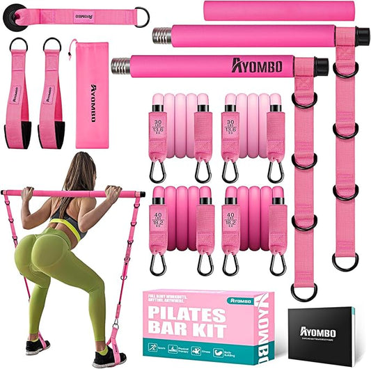 Pilates Bar Kit With Resistance Bands, Workout Equipment for Legs, Hip, Waist, Arm, Squats Exercise Equipment for Home Workouts, Adjustable 3-Section Bar Kit for Women & Men