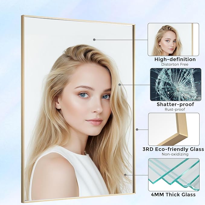 30x40 Inch Brass Bathroom Mirror for Wall, Aluminum Frame Rectangle Rectangular Vanity Mirror, Modern Large for Bedroom, Living Room, Horizontal or Vertical-StrideForce Fitness