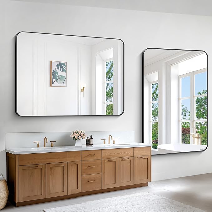 Black Bathroom Mirror,60x40 inch Wall Mirror for Bathroom Wall Mounted,Rectangle Mirror for Bathroom Over Sink,Modern Frame Round Corner for Living Room,Bedroom Entryway,Horizontal/Vertical-StrideForce Fitness