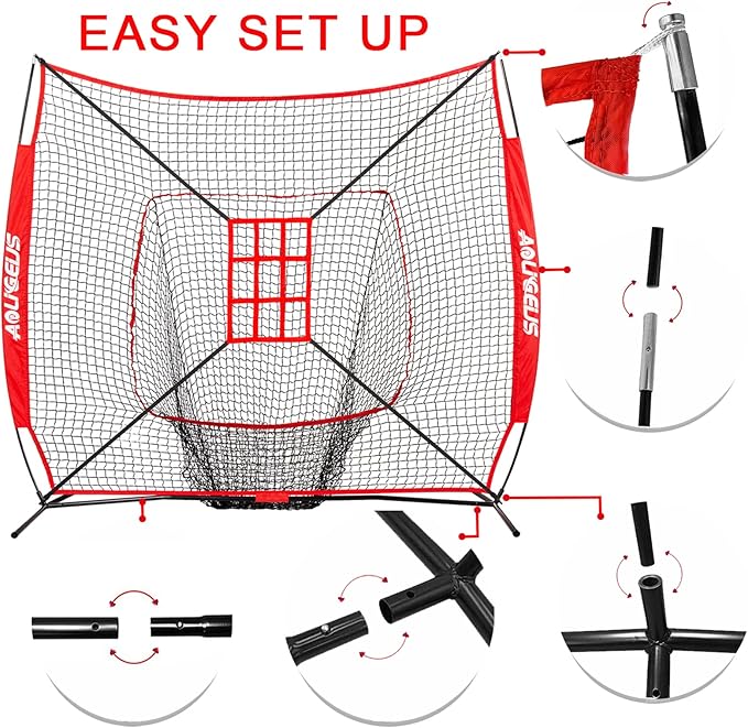 7'X7' Baseball Softball Practice Net,Pitching Net,Batting Net,with Baseball Tee,Bonus Strike Zone and Bow Frame,for Hitting,Pitching, Catching-StrideForce Fitness