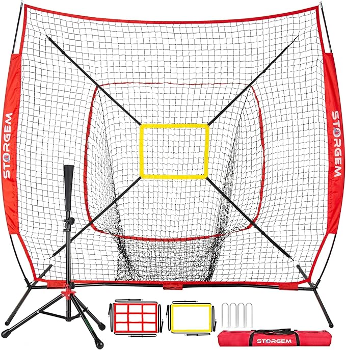 Storgem Baseball and Softball Practice Net 7×7ft Portable Hitting Pitching Batting Training Net Baseball Backstop Net with Batting Tee and Strike Zone and Bow Frame-StrideForce Fitness