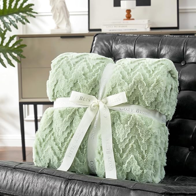 Cozy Bliss Faux Fur Throw Blanket for Couch - Soft Fuzzy Cozy Throw Gift Blankets for Women,Sage Green Boho Blanket for Sofa Bedroom Living Room.60 * 80 Inches-StrideForce Fitness