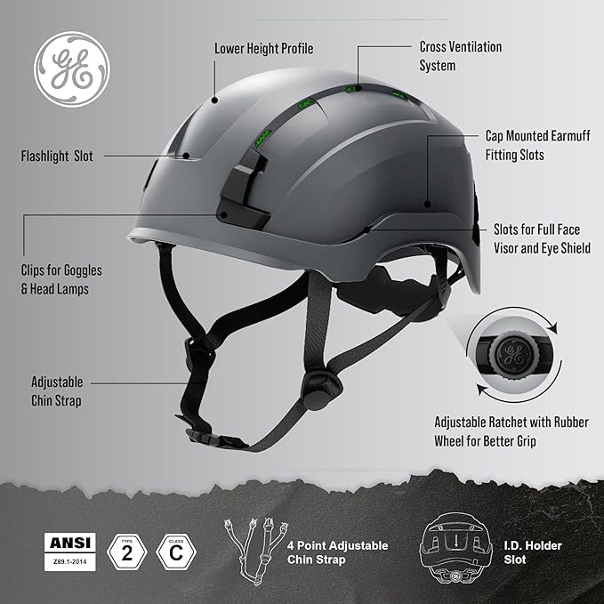 GE Safety Helmet: ANSI Type 2 Class G & E, Advanced Impact Technology, Ultra Comfortable Memory Foam, Heat Stress Reduction, Compatible with Accessories, Adjustable Size OSHA Approved-StrideForce Fitness