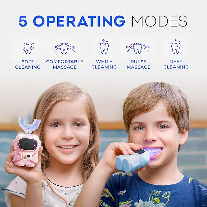 Bendi Kids U-Shaped Electric Toothbrush Ages 2-7 – 360° Mouthguard Design with Memory, 5 Brushing Modes & Multiple Heads Soft Silicone Auto Toothbrush for Toddlers & Children – Travel-Friendly (Blue)