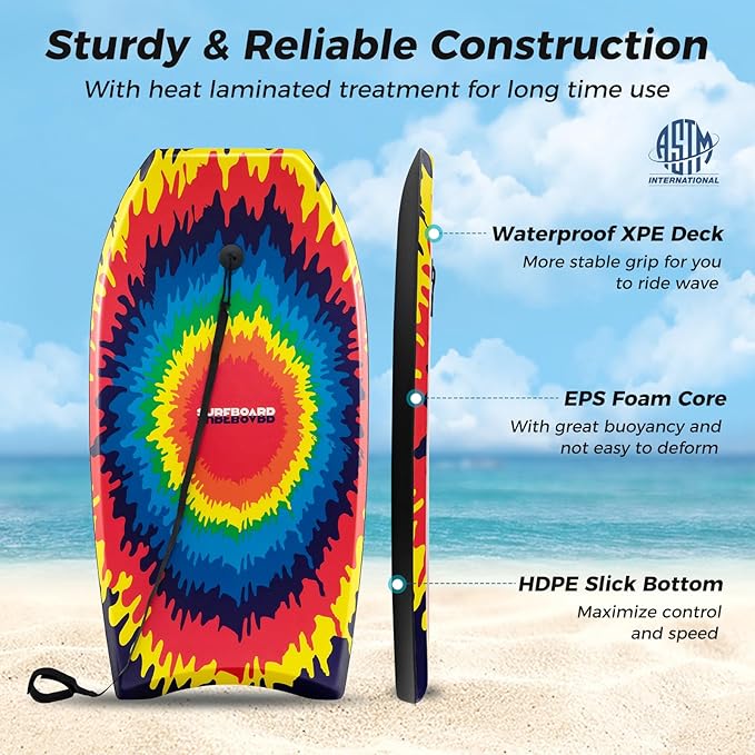 KOTEK 33/37/41 Inch Body Board with Wrist Leash, EPS Core, Dual Channel, HDPE Slick Bottom, Bodyboard for All Skill Levels & Wave Conditions-StrideForce Fitness