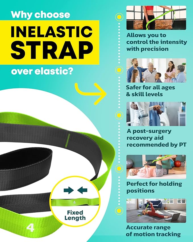 Stretching Strap with Loops - Non Elastic Stretch Band for Physical Therapy, Yoga Strap for Stretching Equipment, Stretch Bands for Exercise and Flexibility - Fascia, Hamstring & Leg Stretcher Belt-StrideForce Fitness