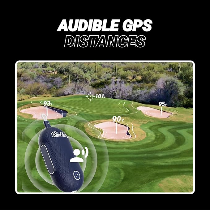 Blue Tees Golf Player Go - Compact GPS Speaker, Bluetooth Music & Audible GPS Distances, Auto Course Recognition, IPX7 Waterproof, 40,000+ Preloaded Courses, 16+ Hours Battery, Built-in Magnetic Strip-StrideForce Fitness