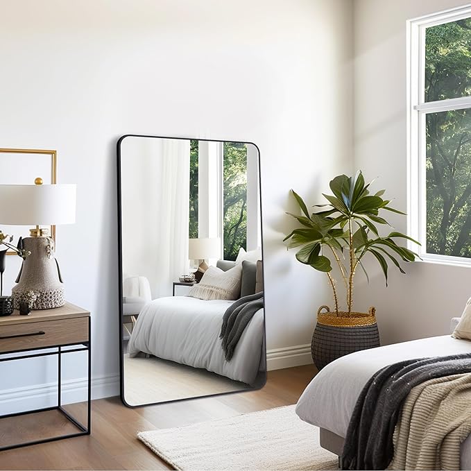 FORBATH Large Bathroom Mirror 36 x 55 Inches，Black Large Wall Mirror Aluminum Frame Wall Mounted Rounded Corner Morndern Mirror for Bathroom Bedroom Entryway Living Room-StrideForce Fitness