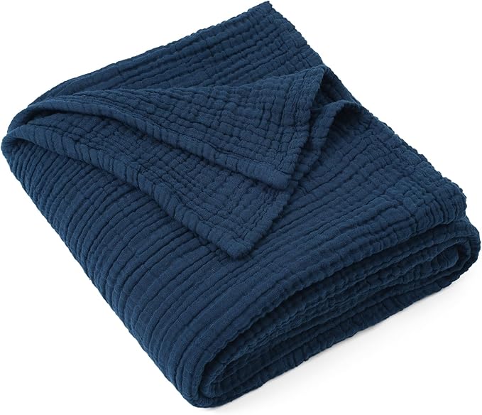 Carriediosa 100% Cotton Muslin Throw Blanket 108" X 90" King Size，4-Layers Summer Gauze Throws for Bed Couch，Soft Lightweight Breathable Linen Blankets Bedspread for Adults All Season，Navy Blue-StrideForce Fitness