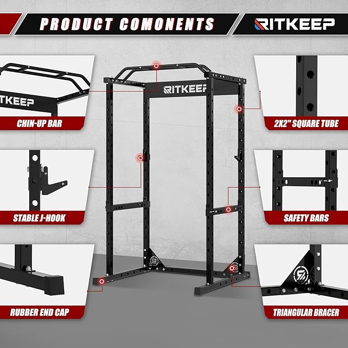 RitKeep Power Rack RMAX 2250 Multi-Function Power Cage for Strength Training - 1200lb Capacity Squat Rack with Multi-Grip Pull-Up Bar, Safety Bars, and J-Hook for Home Gym-StrideForce Fitness