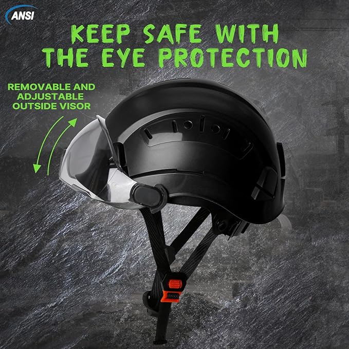 Aolamegs Construction Hard Hats for Adults - Hard Hats Construction OSHA Approved with Smoke Visor for Men Women, ANSI Z89.1 Vented Safety Helmet, Hard Hat with Chin Strap,6 Point Suspension （Black-StrideForce Fitness