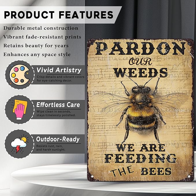 Vintage Bee Tin Sign Pardon Our Weeds We're Feeding The Bees Retro Garden Metal Poster Funny Wall Art Cafe Office Wall Decor for Kitchen Home Bar Plub Club Shop 12 * 16inch-StrideForce Fitness