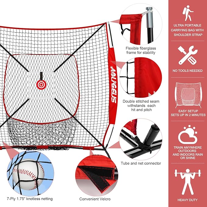 6'X6' Baseball Softball Practice Net with Batting Tee and Ball Caddy, Bonus Strike Zone Target and Bow Frame, for Hitting, Pitching, Catching-StrideForce Fitness