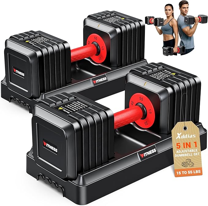 XDDIAS Adjustable Dumbbell Set of 2, 25/55/80LB Dumbbell Set-1Sec Adjustable Weights-5/10 in 1 Free Weights Dumbbells Set with Effortless Tray/No-Slip Handle-Compact Size for Women/Men at Home Gym-StrideForce Fitness
