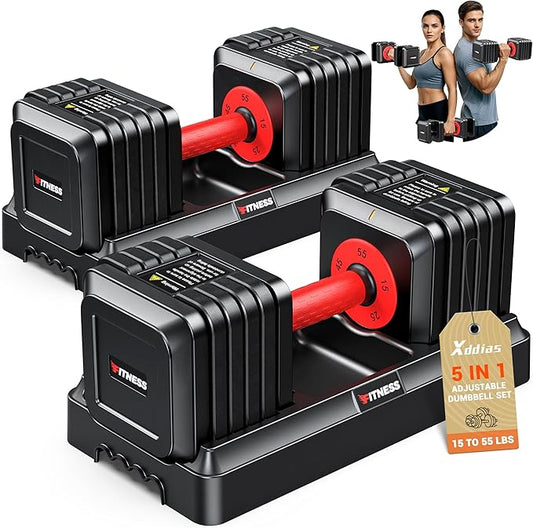 XDDIAS Adjustable Dumbbell Set of 2, 25/55/80LB Dumbbell Set-1Sec Adjustable Weights-5/10 in 1 Free Weights Dumbbells Set with Effortless Tray/No-Slip Handle-Compact Size for Women/Men at Home Gym-StrideForce Fitness