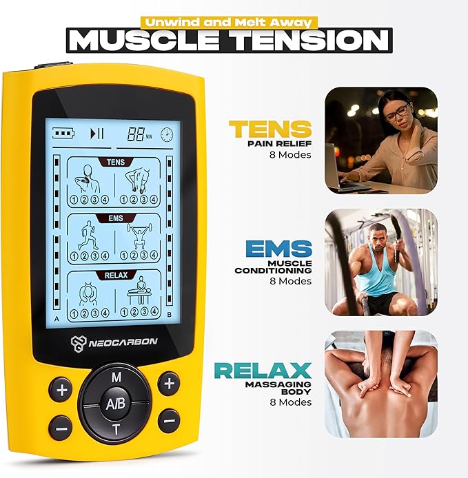 TENS Unit Muscle Stimulator, Electronic PMS Pulse Massager Machine for Shock Physical Therapy, Back Pain Relief, Shoulder Recovery, Yellow-StrideForce Fitness
