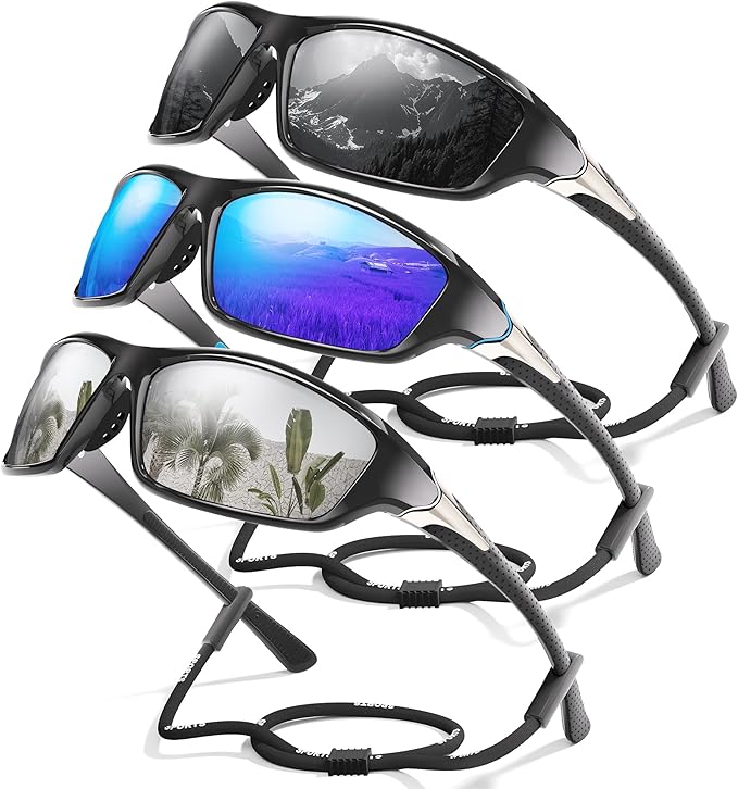 3 Pack Polarized Sports Sunglasses for Men, Mens Sunglasses Wrap Around UV400 Protection for Cycling Fishing Driving-StrideForce Fitness