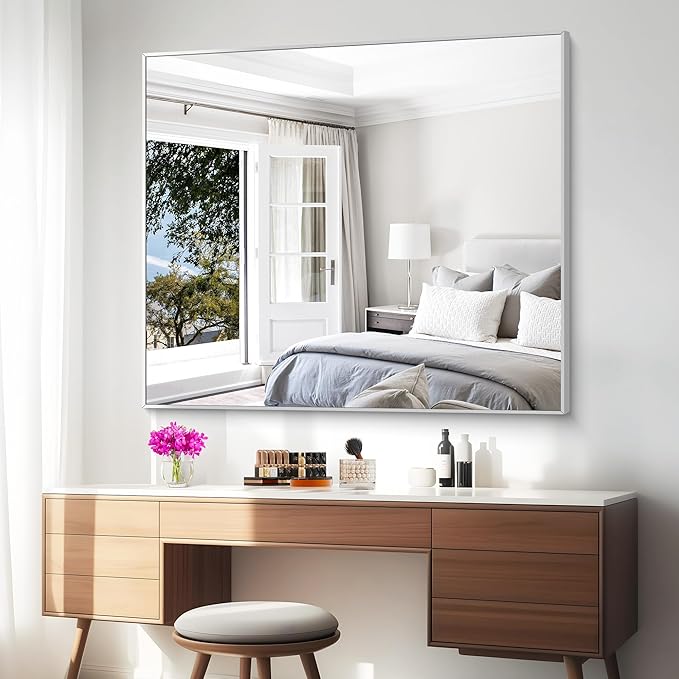 Silver Bathroom Mirror,40x48 inch Wall Mirror for Bathroom Wall Mounted,Large Rectangle Mirror for Bathroom Over Sink,Modern Metal Frame for Living Room,Bedroom Entryway,Horizontal/Vertical-StrideForce Fitness
