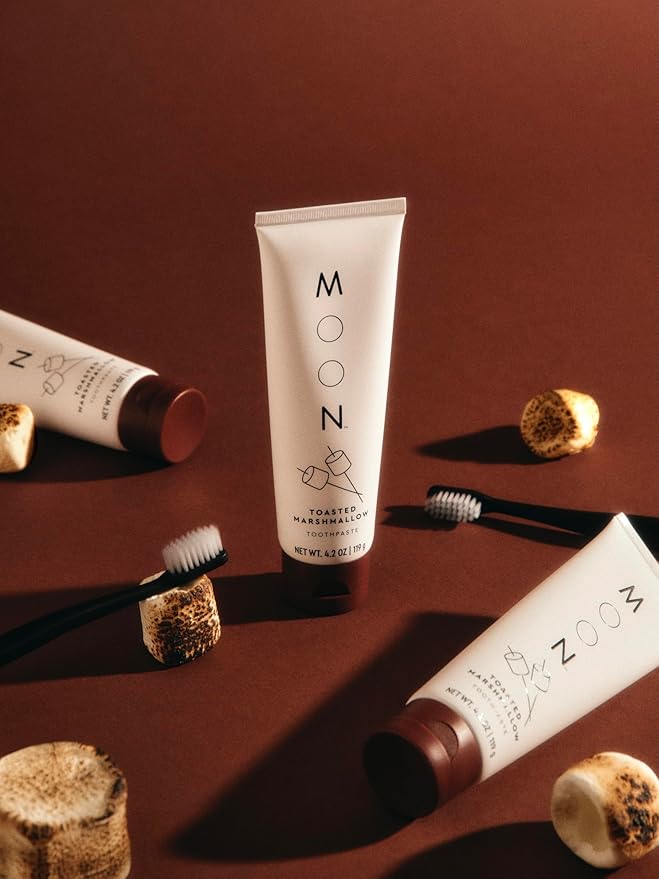 MOON Toothpaste, Toasted Marshmallow Flavor, 4.2 Oz, Plus Soft Bristle Toothbrush 2 Pack, No Fluoride or Sugar, Gentle on Enamel, Gums & Teeth, Whitening Toothpaste for Adults & Children 2 Years+