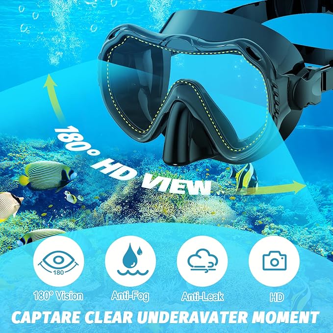 Full Face Snorkel Mask, Snorkeling Gear for Adults Men and Women, 180 Degrees Panoramic View Snorkel Set Anti-Fog Anti-Leak, Dry Top System and Travel Bag for Swimming, Snorkeling-StrideForce Fitness