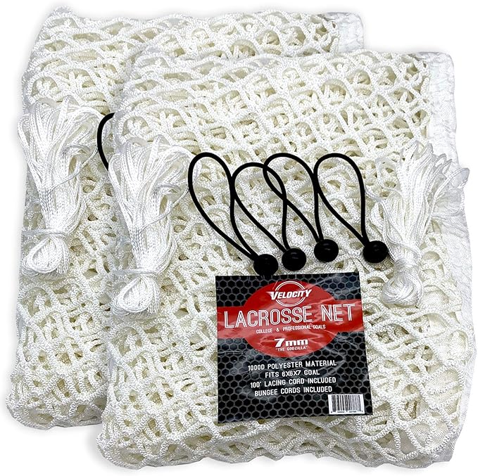 Velocity Heavy Duty Black & White Lacrosse Net - Fits 6’x6’x7’ Goals - Weatherproof, UV Resistant 1000D High-Strength Polyester - Comes with 100+ Feet of Lacing Cord and 4 Quick Ties-StrideForce Fitness