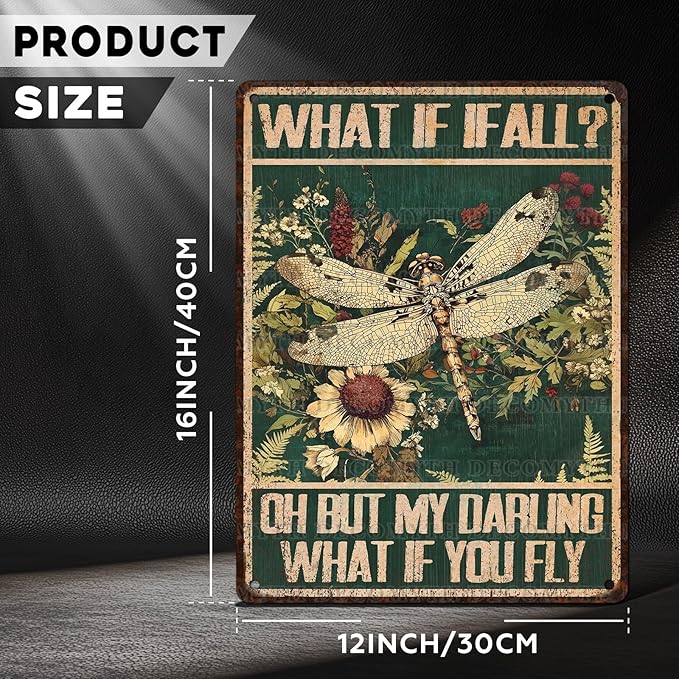 Dragonfly Vintage Tin Sign What If I Fall Metal Tin Sign for Home Bedroom 12 * 16inch-StrideForce Fitness