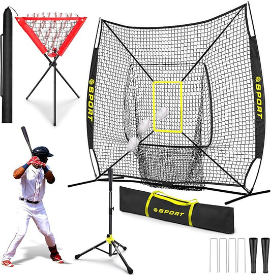 7'×7'Baseball Softball Practice Net-Batting Catching Pitching Training Equipment Set Portable Batting Tee Ball Holder Caddy-Baseball Softball Coach Pack.Great for All Skill Levels-StrideForce Fitness