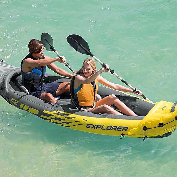 Intex 68307EP Explorer K2 Inflatable Kayak Set: Includes Deluxe 86in Aluminum Oars and High-Output Pump – SuperStrong PVC – Adjustable Seats with Backrest – 2-Person – 400lb Weight Capacity-StrideForce Fitness