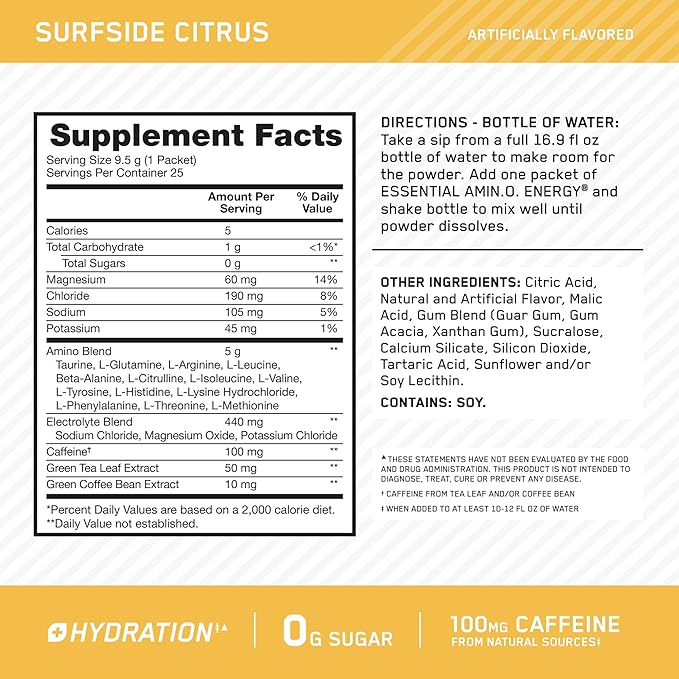 Optimum Nutrition Amino Energy Plus Hydration Packets, On-The-Go Caffiene Stick Packs, Surfside Citrus, 25 Count-StrideForce Fitness