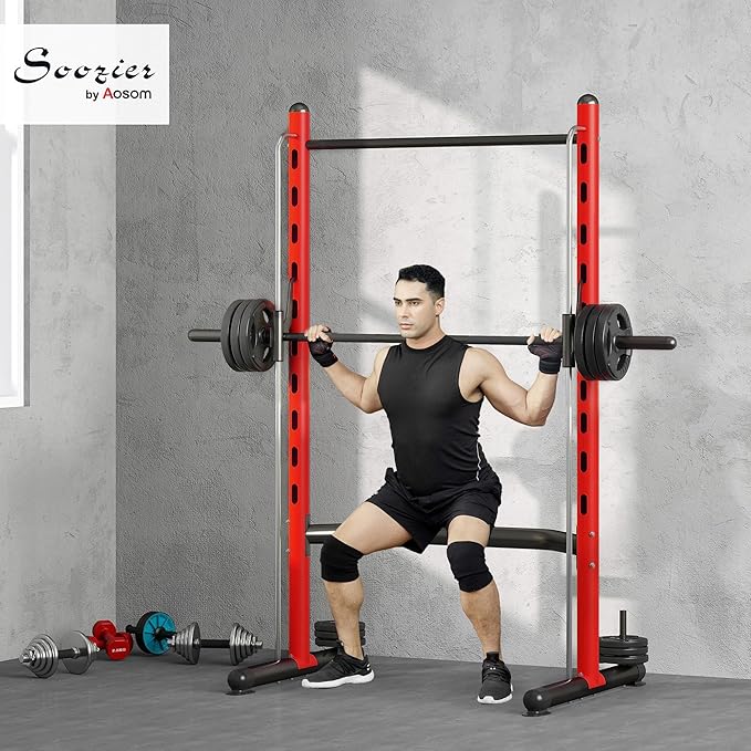 Soozier Squat Rack with Pull-Up Bar, Adjustable Power Rack with Barbell Bar, Multi-Functional Bench Press Rack for Home Gym Strength Training-StrideForce Fitness