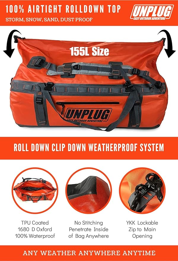 UNPLUG Ultimate Adventure Bag | 1680D Heavy Duty Waterproof Bag | Large Travel Duffle Bag which can be Used for Camping, Motorcycling, Boating, or Hunting-StrideForce Fitness