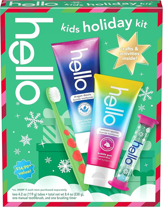 Hello Kids Toothbrush and Kids Toothpaste with Fluoride Holiday Gift Set, for Ages 3 and Older, Includes Bubblegum and Blue Raspberry Flavored Toothpastes, an Hourglass Timer, and Fun Holiday Crafts